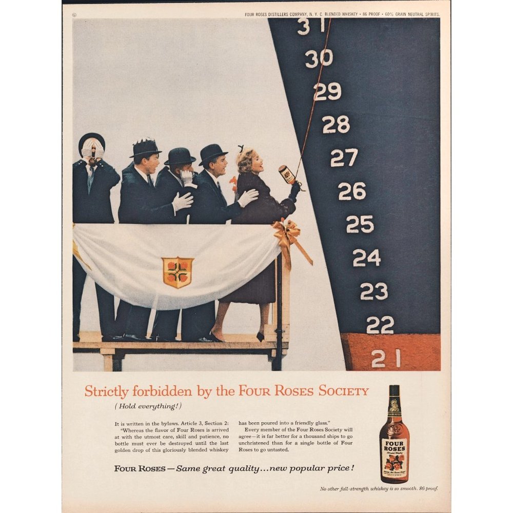 1959 Four Roses Bourbon Vintage Print Ship Christening Godmother Wall Art Decor